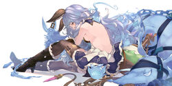  animal_ears back backless_dress backless_outfit bare_back beppo_(granblue_fantasy) black_footwear blue_hair blue_skirt boots breasts brown_thighhighs chains coffee1223 dress erune female ferry_(granblue_fantasy) from_behind fugee_(granblue_fantasy) geegee_(granblue_fantasy) granblue_fantasy highres long_hair looking_at_viewer looking_back medium_breasts momo_(granblue_fantasy) nicola_(granblue_fantasy) sideboob simple_background sitting skirt thighhighs thighs white_background 