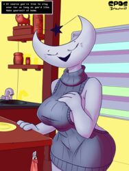  3:4 absurd_res annoying_dog_(undertale) anthro breasts clothed clothing crestina_(undertale_yellow) dialogue drasha69 elemental_creature eyelashes female hi_res inside kitchen mature_female meme meme_clothing mineral_fauna monster moon open_mouth rock rock_creature smile solo sweater text thick_thighs topwear undertale_(series) undertale_yellow virgin_killer_sweater 