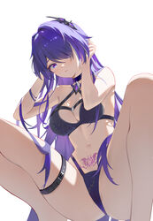  absurdres acheron_(honkai:_star_rail) bare_arms bare_shoulders bikini black_bikini blhazx breasts cleavage commentary_request female hair_ornament hair_over_one_eye highres honkai:_star_rail honkai_(series) long_hair looking_at_viewer md5_mismatch medium_breasts multicolored_hair navel pubic_tattoo purple_eyes purple_hair simple_background solo squatting stomach streaked_hair swimsuit tattoo thigh_strap thighs very_long_hair white_background 