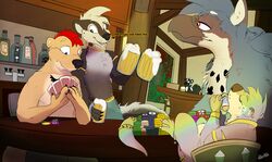  absurd_res alcohol alpine_(otterlike) anthro avian bar beer beverage card clothed clothing container cup drinking drinking_glass duke_(otterlike) english_text fur fur_markings gambling glass glass_container glass_cup group gryphon haswell hi_res jewelry lontra looking_at_another male male/male mammal markings mephitid multicolored_body multicolored_fur mustelid mythological_avian mythological_creature mythology nervous nervous_sweat north_american_river_otter otter otterlike partially_clothed poker poker_chip poker_table pub public rainbow_body rainbow_fur river_otter schwartz_otter skunk spotted_skunk tan_body tan_fur text 