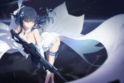  bare_shoulders black_hair blue_archive blue_eyes blue_hair blue_halo breasts choker cleavage colored_inner_hair commentary dress earrings elbow_gloves female garter_straps gloves gun hair_ornament halo highres holding holding_gun holding_weapon jewelry knife knife_sheath large_breasts leaning_forward long_hair looking_at_viewer multicolored_hair official_alternate_costume penguin_say saori_(blue_archive) saori_(dress)_(blue_archive) sheath solo standing strapless strapless_dress thigh_sheath weapon white_choker white_dress white_garter_straps white_gloves 