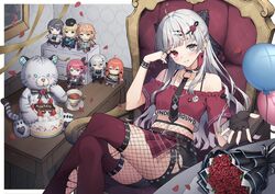  ahoge bandaged_arm bandages bare_shoulders belt black_belt black_gloves couch crossed_legs ear_piercing female fishnet_pantyhose fishnets flower gloves grey_eyes grey_hair hair_ornament heterochromia highres igarashi_rika indoors ishigami_nozomi ishigami_nozomi_(1st_costume) jewelry kaburaki_roco koshimizu_toru kuramochi_meruto looking_at_viewer multicolored_hair multiple_piercings multiple_rings myske_(myst34415756) nijisanji on_couch pantyhose parted_lips piercing pink_eyes pink_hair red_flower red_rose red_thighhighs ring rose shishido_akari short_sleeves single_glove sitting smile sophia_valentine thighhighs torn_clothes torn_thighhighs two-tone_hair virtual_youtuber 