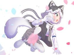  animal_ears blush collared_shirt eastern_wolf_(kemono_friends) fur_trim gloves green_eyes grey_hair grey_necktie grey_scarf grey_skirt grey_vest hair_between_eyes jumping kemono_friends kemono_friends_3 long_sleeves luichan multicolored_hair necktie oerba_yun_fang open_mouth plaid plaid_necktie plaid_skirt pleated_skirt scarf shirt shoes short_hair sidelocks skirt sneakers tail thighhighs two-tone_hair two-tone_scarf vest white_footwear white_fur white_gloves white_hair white_scarf white_shirt white_thighhighs wolf_ears wolf_girl wolf_tail zettai_ryouiki 