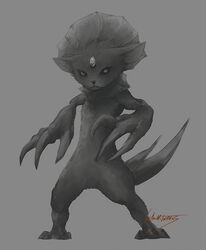  2018 alternate_form ambiguous_anthro ambiguous_gender anthro caymartworks claw_fingers featureless_crotch forehead_gem frill_(anatomy) front_view full-length_portrait fur gem generation_4_pokemon glare grey_background greyscale head_crest head_frill hi_res looking_at_viewer monochrome nintendo pokemon pokemon_(species) portrait pose realistic simple_background standing weavile 