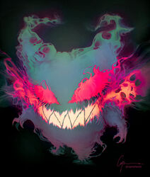  2020 3_fingers alternate_form ambiguous_gender ambiguous_humanoid black_background caymartworks energy eye_mist fingers front_view full-length_portrait generation_1_pokemon gengar ghost glowing glowing_eyes glowing_teeth grin hi_res high-angle_view humanoid looking_at_viewer nintendo not_furry pink_eyes pokemon pokemon_(species) portrait pupils realistic sharp_teeth short_arms simple_background slit_pupils smile solo spirit standing teeth 