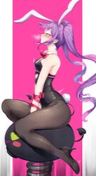  absurdres animal_ears bibi_(tokoyami_towa) black_leotard blush demon_girl demon_tail detached_collar female fishnet_pantyhose fishnets green_eyes high_heels highres hololive legs leotard long_hair okome_0628 pantyhose parody playboy_bunny pointy_ears purple_hair rabbit_ears rabbit_hole_(vocaloid) rabbit_tail sitting solo spring_rider tail tokoyami_towa virtual_youtuber 