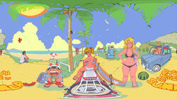  360_panorama 3girls 4boys beach beach_umbrella bikini bikini_bottom_pull bird black_bikini black_hair blonde_hair blowing_bubbles blue_eyes breasts brown_hair changing_clothes character_name character_request chewing_gum cleavage closed_eyes closed_mouth cloud cloudy_sky commentary_request day dr._slump english_text fishing_rod food fox fruit hands_on_own_hips highres kimidori_akane large_breasts lolicon long_hair looking_at_viewer looking_back motor_vehicle motorcycle multiple_boys multiple_girls navel norimaki_arale ocean outdoors panorama pov ramb_chop running sitting sky smile smoke smoking soramame_piisuke soramame_tarou standing sun sunglasses swimsuit umbrella van vending_machine watermelon white_bikini yamabuki_midori 