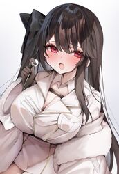  azur_lane black_bow black_gloves black_hair blush bow breasts cleavage coat cotton_swab female fur-trimmed_coat fur_trim gloves hairbow highres holding_cotton_swab ichigo_moka large_breasts long_hair looking_at_viewer open_mouth pamiat_merkuria_(azur_lane) red_eyes simple_background solo white_background white_coat 