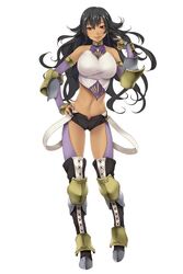  atelier-moo bare_shoulders black_hair breasts closed_mouth dark-skinned_female dark_skin detached_sleeves female full_body hair_between_eyes large_breasts long_hair malicia navel red_eyes short_shorts shorts solo standing thighs wavy_hair wizards_symphony 