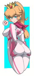  absurdres ass bandana biker_clothes biker_peach bikesuit bodysuit breasts crown earrings female gloves high_ponytail highres jewelry mario_(series) mario_kart medium_breasts omura_zojiki pink_bandana pink_bikesuit pink_bodysuit pink_gloves princess_peach racing_suit solo sphere_earrings 