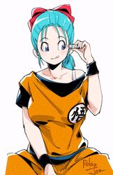  :q artist_name bare_shoulders blue_eyes blue_hair bow bra_strap breasts bulma_briefs capsule dougi dragon_ball dragon_ball_(classic) english_commentary female hairbow hand_up hoi-poi_capsule holding large_breasts medium_hair mixed-language_commentary off_shoulder ponytail red_bow relaxjon short_sleeves sideways_glance signature simple_background sitting smile solo tongue tongue_out toriyama_akira_(character) upper_body watermark white_background wristband 