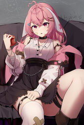  absurdres ahoge animal_ear_hood animal_ear_piercing animal_ears apple artist_name asymmetrical_legwear atsuishio bandaged_arm bandages bandaid bandaid_on_cheek bandaid_on_ear bandaid_on_face bandaid_on_knee bandaid_on_leg bare_shoulders belt belt_chain belt_collar black_belt black_bra black_skirt bra bra_strap bracelet breasts brown_footwear chinese_commentary collar commentary_request couch crossed_bangs ear_ornament feet_out_of_frame female floppy_ears fold-over_boots food frilled_skirt frills fruit hair_between_eyes hair_ornament hair_tie hairclip hand_up heart heart_ahoge heart_belt heart_in_eye high-waist_skirt highres holding holding_food holding_fruit hood jacket jewelry knee_up leg_ribbon legs long_hair long_sleeves looking_at_viewer lop_rabbit_ears medium_breasts mismatched_legwear multiple_belts necklace o-ring o-ring_thigh_strap off_shoulder on_couch parted_lips pink_eyes pink_hair pink_jacket providence_project puffy_long_sleeves puffy_sleeves rabbit_ears ribbon shirako_(vtuber) shirt single_thighhigh sitting skirt skirt_tug sleeveless sleeveless_shirt solo symbol_in_eye thigh_ribbon thigh_strap thighhighs thighs two-sided_fabric two-sided_jacket underwear virtual_youtuber white_jacket white_thighhighs wing_collar writing_on_wall x_hair_ornament 