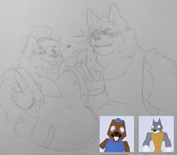  2022 anthro artomu_san barazoku beaver belly big_pecs blush broadside_beach buckteeth bucky_beaver canid canine canis chief_wulf clothing duo eye_contact fluffy graphite_(artwork) heart_symbol hi_res looking_at_another male male/male mammal musclegut muscular muscular_male neck_tuft overalls overalls_pull pecs pencil_(artwork) reference_image rodent sailor_hat shipwrecked_64 smile teeth traditional_media_(artwork) tuft wolf 