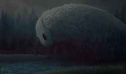  2020 ambient_bird ambient_flier ambiguous_form ambiguous_gender ambiguous_species atmospheric_perspective avian bird black_eyes caymartworks cloak clothed clothing cloud depth_of_field detailed detailed_background detailed_fur digital_media_(artwork) digital_painting_(artwork) duo empty_eyes extreme_size_difference fantasy flock_of_birds forest fur grass hi_res looking_at_another mask monster outside overcast plant raining restricted_palette ripples river size_difference sky thick_fur tree water white_body white_fur 