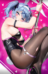  absurdres animal_ears black_leotard blue_eyes blue_hair breasts brown_pantyhose clenched_teeth commentary_request dombear fake_animal_ears female hair_ornament hairband hatsune_miku heart heart-shaped_pupils highres implied_masturbation large_breasts leotard looking_at_viewer pantyhose pink_background playboy_bunny pole pole_dancing rabbit_ears rabbit_hole_(vocaloid) sideboob smile solo stripper_pole sweat symbol-shaped_pupils teeth torn_clothes torn_pantyhose vocaloid white_hairband x_hair_ornament 