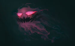  2020 air_creature alternate_form ambiguous_gender caymartworks disembodied_head elemental_creature eye_mist front_view full-length_portrait gastly generation_1_pokemon ghost glowing glowing_eyes green_background hi_res jagged_mouth living_smoke nintendo not_furry open_mouth pink_eyes pink_sclera pokemon pokemon_(species) portrait pupils purple_body realistic simple_background slit_pupils smoke solo spirit 