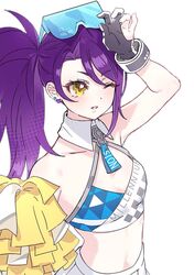  arm_up bare_shoulders black_gloves blue_archive breasts character_name cheerleader clothes_writing cosplay cowboy_shot crop_top detached_collar eyewear_on_head female gloves goggles goggles_on_head hibiki_(blue_archive) hibiki_(blue_archive)_(cosplay) hibiki_(cheer_squad)_(blue_archive) holding holding_pom_poms jjuu0105 long_hair navel one_eye_closed open_mouth partially_fingerless_gloves pom_pom_(cheerleading) pretty_series pripara purple_hair side_ponytail simple_background skirt small_breasts solo toudou_shion white_background white_skirt yellow_eyes 