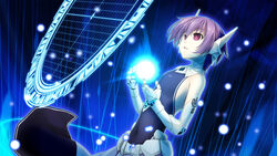  astel_(wizards_symphony) atelier-moo bare_shoulders cowboy_shot dungeon empty_eyes energy_ball female flat_chest golem hair_between_eyes mechanical_arms navel open_mouth purple_hair red_eyes robot_ears short_hair standing wizards_symphony 