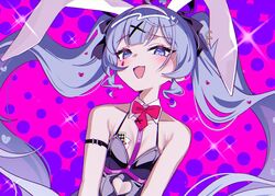  ace_(playing_card) ace_of_hearts animal_ears blue_eyes blue_hair blush breasts card clothing_cutout commentary_request fake_animal_ears female hatsune_miku heart heart-shaped_pupils heart_cutout highres leotard long_hair looking_at_viewer object_in_bra open_mouth playboy_bunny playing_card rabbit_ears rabbit_hole_(vocaloid) sekitsuki_hayato small_breasts smile solo symbol-shaped_pupils teardrop_facial_mark very_long_hair vocaloid 