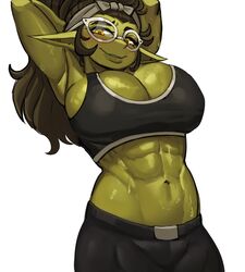  armpits black_shorts blush breasts cleavage ezzydraws female female_goblin glasses goblin green_hair highres large_breasts long_hair looking_down muscular muscular_female original pointy_ears shorts solo sweat tank_top toned white_background yellow_eyes 