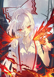  bamboo bamboo_forest bow breasts cigarette cleavage collared_shirt commentary_request cowboy_shot female fiery_wings fire forest fujiwara_no_mokou grin hair_intakes hairbow hand_up highres huge_moon long_hair looking_at_viewer mont_blanca moon nature night pants ponytail pyrokinesis red_bow red_eyes red_pants shirt smile smoke solo suspenders torn_clothes torn_sleeves touhou two-tone_bow very_long_hair white_bow white_hair white_shirt wings 