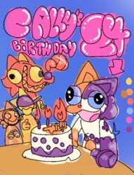  birthday birthday_cake birthday_candle butters_(theenyface) cake cally_(theenyface) color_swatch dessert dream_eater_(theenyface) fire food fur furniture happy lazy_eye messy orange_body orange_fur purple_body purple_fur red_body silly silly_face smile table text theenyface white_body yellow_body 