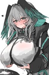  absurdres arknights black_jacket black_wings blush breasts commentary_request female green_eyes green_wings grey_hair hands_on_own_breasts head_wings highres ho&#039;olheyak_(arknights) huge_breasts jacket lactation lactation_through_clothes long_sleeves looking_back medium_hair simple_background smile solo sunaneko two-tone_wings white_background wings 