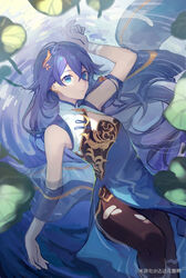  afloat animal_print artist_name bird_print black_leggings blue_dress blue_eyes blue_hair breasts china_dress chinese_clothes chinese_text cleavage_cutout closed_mouth clothing_cutout da_da_hua_niang_ya dress earrings female fu_hua fu_hua_(blue_swallow) fu_hua_(valkyrie_accipiter) grey_hair hair_between_eyes highres honkai_(series) honkai_impact_3rd jewelry leggings long_hair low-tied_long_hair low_ponytail official_alternate_costume on_water partially_shaded_face plant ponytail shaded_face shadow simplified_chinese_text single_earring sleeveless sleeveless_dress small_breasts solo tassel tassel_earrings thighs torn_clothes torn_leggings water 