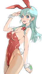  animal_ears aqua_hair blue_eyes bow bowtie breasts brown_pantyhose bulma_briefs commentary covered_navel detached_collar dragon_ball dragon_ball_(classic) dragon_radar fake_animal_ears female highleg highleg_leotard highres leotard medium_breasts pantyhose playboy_bunny rabbit_ears rabbit_tail red_bow red_bowtie red_leotard salute satou_shouji simple_background solo strapless strapless_leotard tail toriyama_akira_(character) white_background wrist_cuffs 