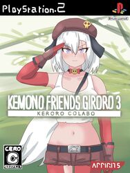  bare_shoulders belt beret bow bowtie breasts crop_top crossover elbow_gloves female giroro_(kemono_friends) gloves grey_hair hair_between_eyes hat highres kemono_friends kemono_friends_3 keroro_gunsou long_hair metal_gear_(series) metal_gear_solid_3:_snake_eater mukouyama_mu navel pantyhose red_bow red_gloves red_headwear red_pantyhose salute scar shirt shorts tank_top torn_clothes white_shirt 