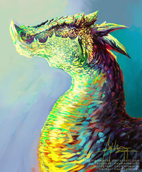  2014 ambiguous_feral ambiguous_gender bust_portrait caymartworks colorful_theme dragon facial_horn fangs feral gradient_background head_spikes hi_res horn long_mouth long_neck low-angle_view mythological_creature mythological_scalie mythology nose_horn overbite portrait psychedelic pupils scales scalie side_view simple_background slit_pupils snout solo spikes spikes_(anatomy) teeth text url 