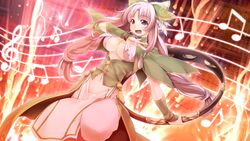  atelier-moo braid breasts cleavage curtained_hair dancing dress female full_body hair_ribbon highres large_breasts long_hair musical_note navel nina_lazydaisy open_mouth pink_eyes pink_hair ribbon smile solo standing twin_braids wizards_symphony 