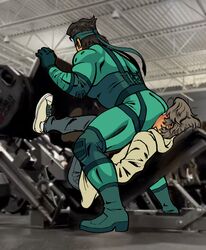  2boys absurdres ass bara black_gloves black_hair blue_headband blush exercise_machine exercising face_in_ass glasses gloves grey_hair grey_pants gym hal_emmerich headband highres lab_coat large_pectorals leg_press_machine male_focus meme metal_gear_(series) metal_gear_solid miles_mandel multiple_boys muscular muscular_male pants pectorals round_eyewear short_hair sitting_on_face solid_snake squatting the_world_needs_more_heroes_(meme) yaoi 