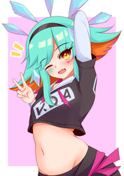  ;d arm_up arms_up ayatori_(aytr) black_hairband blue_hair commentary crop_top female hair_ornament hairband hand_up highres hood hoodie k/da_neeko layered_sleeves league_of_legends long_hair long_sleeves looking_at_viewer makeup multicolored_hair neeko_(league_of_legends) official_alternate_costume official_alternate_hairstyle one_eye_closed orange_eyes short_over_long_sleeves short_sleeves simple_background smile solo stomach teamfight_tactics v 