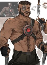  1boy asymmetrical_hair balancing_on_finger bara dark-skinned_male dark_skin eye_mask facial_hair hairy half_mask kano_(mortal_kombat) large_pectorals male_focus mask mature_male mortal_kombat_(series) mortal_kombat_x moustache muscular muscular_male mutton_chops pectorals sidecut solo thick_arm_hair thick_chest_hair thick_eyebrows thick_mustache thick_navel_hair undercut ven_(matchavtea) very_hairy 