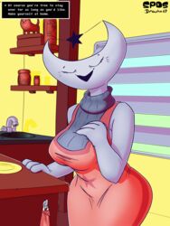  3:4 absurd_res annoying_dog_(undertale) anthro breasts clothed clothing crestina_(undertale_yellow) dialogue drasha69 dress english_text eyelashes female hi_res inside kitchen mature_female monster moon open_mouth smile solo sweater text thick_thighs topwear undertale_(series) undertale_yellow 