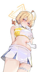  absurdres ahoge bare_shoulders belly_grab blonde_hair blue_archive blush breasts cheerleader closed_mouth cowboy_shot embarrassed female finger_in_navel from_below grabbing_another&#039;s_stomach halo highres kotori_(blue_archive) kotori_(cheer_squad)_(blue_archive) large_breasts midriff millennium_cheerleader_outfit_(blue_archive) miniskirt muffin_top navel navel_fingering official_alternate_costume painterliuhao panties plump poking_belly red_eyes short_twintails simple_background skindentation skirt sports_bra standing stomach sweatdrop thigh_strap triangle_halo twintails two-tone_sports_bra underwear wavy_mouth white_background white_panties white_skirt 