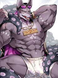  abs anothereidos_of_dragon_vein_r anthro anubian_jackal biceps canid canine canis chung0_0 clothing eyewear eyewear_on_head eyewear_only flexing fur grey_body grey_fur grin hi_res jackal jalam_(anothereidos_r) jewelry jewelry_only male mammal muscular muscular_anthro muscular_male necklace necklace_only nipples nude pecs pose smile solo sunglasses sunglasses_on_head swimming_trunks swimwear tentacle 