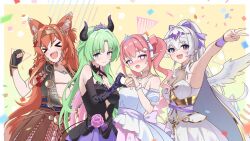  &gt;_&lt; 4girls ahoge airi_viridis animal_ear_fluff animal_ears armor black_dress black_gloves blue_eyes breasts cleavage cloud_hair_ornament colored_inner_hair confetti dress earrings elia_stellaria feathered_wings fingerless_gloves flower gloves green_hair hair_ornament heart heart_hands jewelry kirispica kitatyoco large_breasts laurels medium_breastsmulticolored_hair mozumi_pichi multicolored_hair multiple_girls open_mouth orange_hair pink_flower pink_hair pink_rose pleated_dress pointy_ears purple_eyes purple_flower purple_ribbon purple_rose ribbon roman_armor rose see-through see-through_cleavage small_breasts star_(symbol) star_hair_ornament tail teeth tiara upper_teeth_only v white_dress white_ribbon white_wings wings wolf_ears wolf_girl wolf_tail 