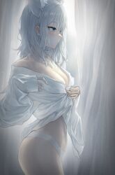  absurdres animal_ear_fluff animal_ears blue_archive blue_eyes blush breasts cleavage closed_mouth commentary_request curtains earrings extra_ears female from_side fuka_(pixiv_84081952) grey_hair hair_between_eyes highres indoors jewelry long_sleeves medium_breasts no_pants panties shiroko_(blue_archive) shirt shirt_hold short_hair solo stomach stud_earrings thighs underwear white_panties white_shirt wolf_ears wolf_girl 