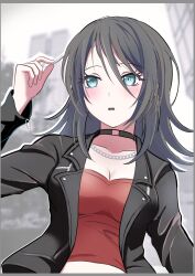  absurdres bang_dream! bang_dream!_it&#039;s_mygo!!!!! black_choker black_hair black_jacket blush border breasts chain_necklace chains choker cleavage commentary_request crop_top cropped_shirt drop_shadow female grey_border hair_between_eyes highres jacket jewelry long_hair long_sleeves medium_breasts necklace open_mouth red_shirt sandman_(gm4zfijcwbz3g4y) shirt sidelocks solo teeth upper_teeth_only yahata_umiri 