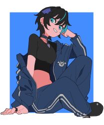  :d arm_support belly black_hair black_shirt blue_eyes blue_pants breasts choker earrings female hair_between_eyes hair_ornament highres jacket jersey jewelry medium_breasts midriff multicolored_hair original pants shirt shoes short_hair short_sleeves sitting smile solo start_furuike two-tone_hair 