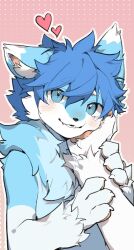  4_fingers anthro blue_body blue_eyes blue_fur blue_hair blush blush_lines canid canine countershaded_fur countershading disembodied_hand duo embarrassed fingers fox fur hair hand_on_face handpaw heart_symbol hi_res holding_head kemono leaning_on_hand male mammal mikey_(mikey_fox) offscreen_character paws shy slim_male zibao999 