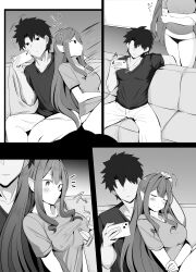  1boy absurdres baobhan_sith_(fate) blush breasts closed_eyes couch fate/grand_order fate_(series) female fujimaru_ritsuka_(male) grabbing_another&#039;s_breast greyscale groping highres korandamu long_hair monochrome no_pants on_couch panties phone pointy_ears short_hair sidelocks sitting underwear 