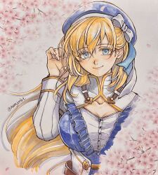  agnes_claudel alternate_costume artist_name blonde_hair blue_hat bow breasts cherry_blossoms closed_mouth commentary_request eiyuu_densetsu female gold_trim hair_between_eyes hair_bun hairbow hat highres kai_no_kiseki kuro_no_kiseki_(series) large_breasts long_hair looking_at_viewer nerujorlet smile solo traditional_media twitter_username white_bow 