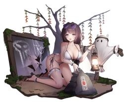  :o absurdres bare_arms bare_legs bare_shoulders bikini black_footwear blue_eyes blush breasts broken_mirror brown_hair candle cleavage collarbone eversoul eyewear_on_head female frills full_body game_cg glasses highres holding holding_lantern kneeling lantern large_breasts long_hair looking_at_viewer mirror moss naomi_(eversoul) official_alternate_costume official_art ofuda open_mouth platform_footwear purple-tinted_eyewear rock scarecrow scrunchie side-tie_bikini_bottom silk skull_print solo spider_web swept_bangs swimsuit tachi-e thigh_strap tinted_eyewear transparent_background white_bikini willow wrist_scrunchie 