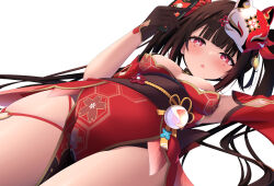  bare_shoulders breasts brown_hair choker commentary_request crotch_focus female fox_mask halterneck highres honkai:_star_rail honkai_(series) long_hair looking_at_viewer looking_down mask mask_on_head paid_reward_available pink_eyes small_breasts solo sparkle_(honkai:_star_rail) tetori_(tetolisto) twintails 