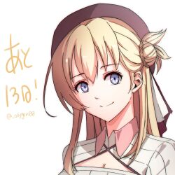  agnes_claudel beret blonde_hair blue_eyes breasts cleavage collared_shrug commentary_request countdown eiyuu_densetsu female hair_bun hat highres kai_no_kiseki kuro_no_kiseki_(series) long_hair looking_at_viewer oxygen00 red_hat simple_background solo white_background 