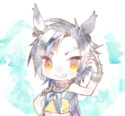  air_shakur_(umamusume) animal_ears arm_up blue_neckerchief bracelet eyebrow_piercing female fingernails grin horse_ears horse_girl jewelry looking_at_viewer midriff navel neckerchief no_nose piercing sailor_collar sharp_teeth shirt short_hair sleeveless sleeveless_shirt smile solo studded_bracelet teeth umamusume ume_(pickled_plum) yellow_eyes yellow_shirt 