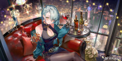  alcohol aqua_hair aqua_jacket arm_support bare_shoulders belt black_belt black_dress black_pantyhose blush bottle braid breasts china_dress chinese_clothes city city_lights cleavage cleavage_cutout clothing_cutout couch cowboy_shot cup cushion dress drinking_glass female flower from_above guilongchao hand_up hanging_light highres holding holding_cup indoors jacket kuuus large_breasts long_hair long_sleeves looking_at_viewer mechanical_hands night off_shoulder on_couch oriental_pearl_tower pantyhose photo_background red_flower river rose shanghai single_braid single_mechanical_hand sitting smile solo sparkle spider_lily string_of_light_bulbs weibo_logo weibo_watermark white_flower white_rose window wine wine_bottle wine_glass yellow_eyes zuisheng_(guilongchao) 